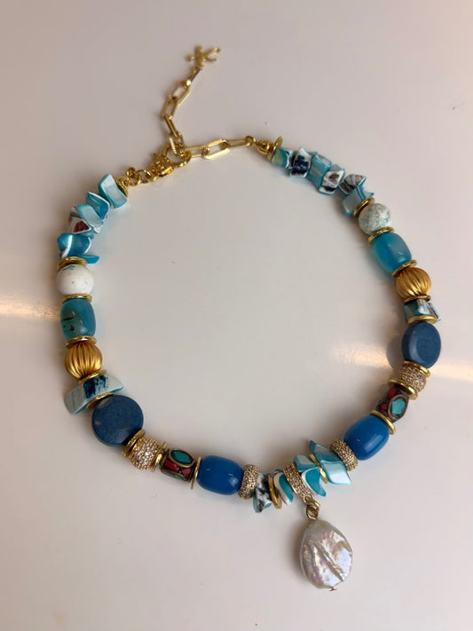 Handmade Natural Stone Statement Necklace with Pearl Drop Gold Tone Boho Luxe PRE-OWNED