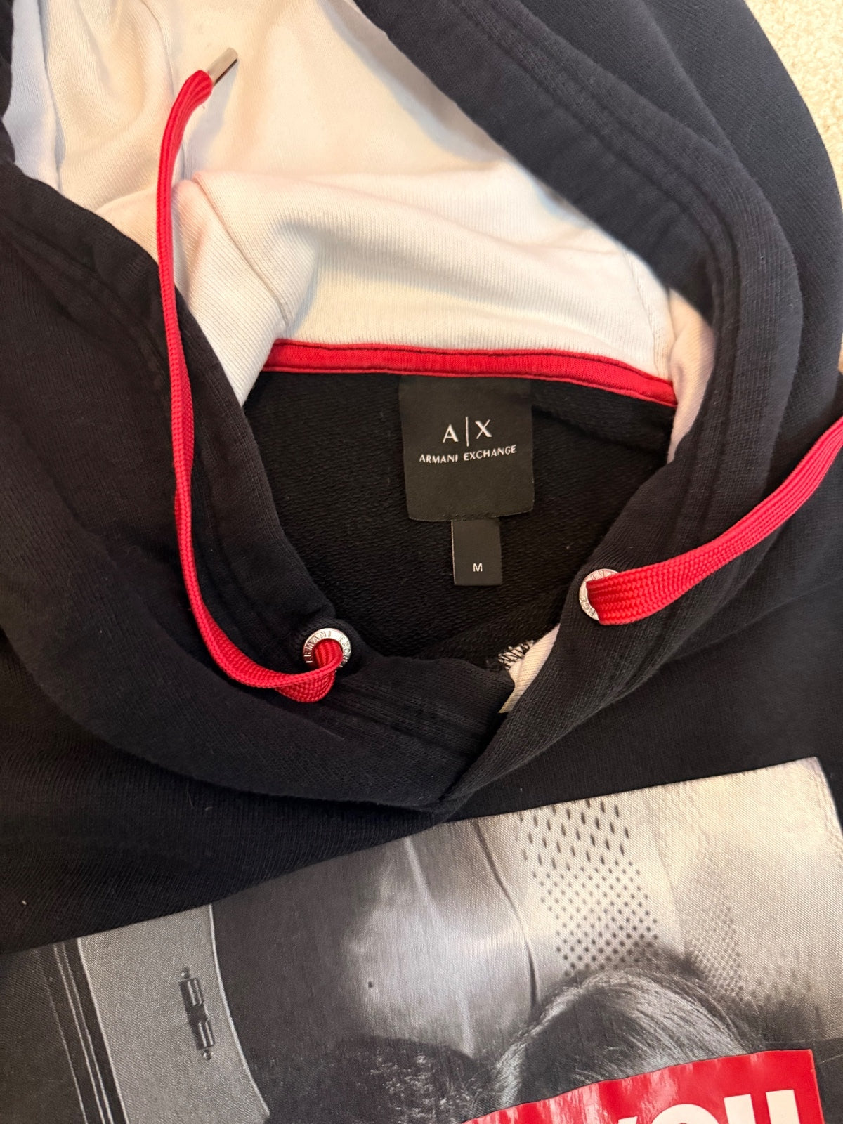 Armani Exchange Unisex M Black Graphic Hoodie Red Drawstring Pullover PRE-OWNED