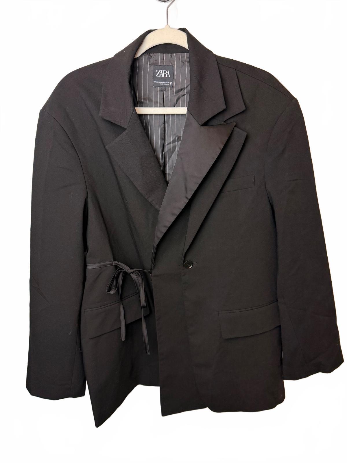 ZARA Black Label Oversized Blazer Double Lapel Tie Waist Black Size M-L PRE-OWNED EXCELLENT