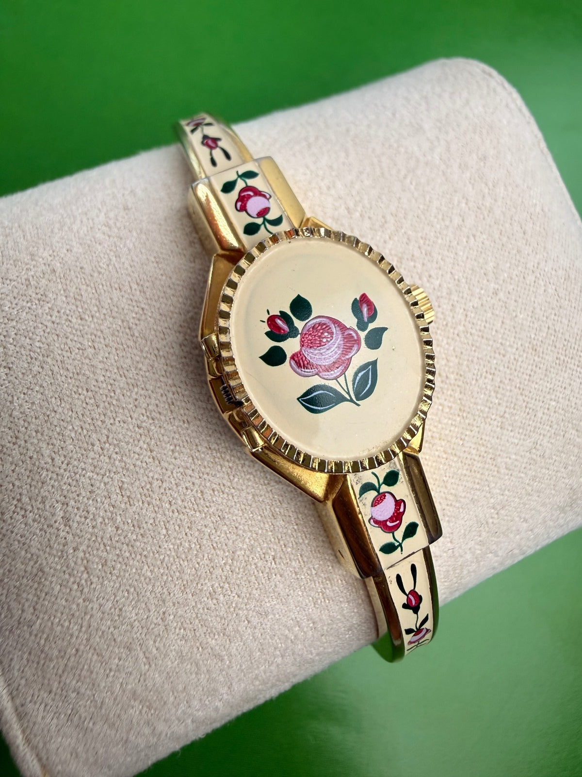 Vintage Swiss Made Peekaboo Hidden Watch Floral Enamel Gold Tone Bangle Bracelet PRE-OWNED