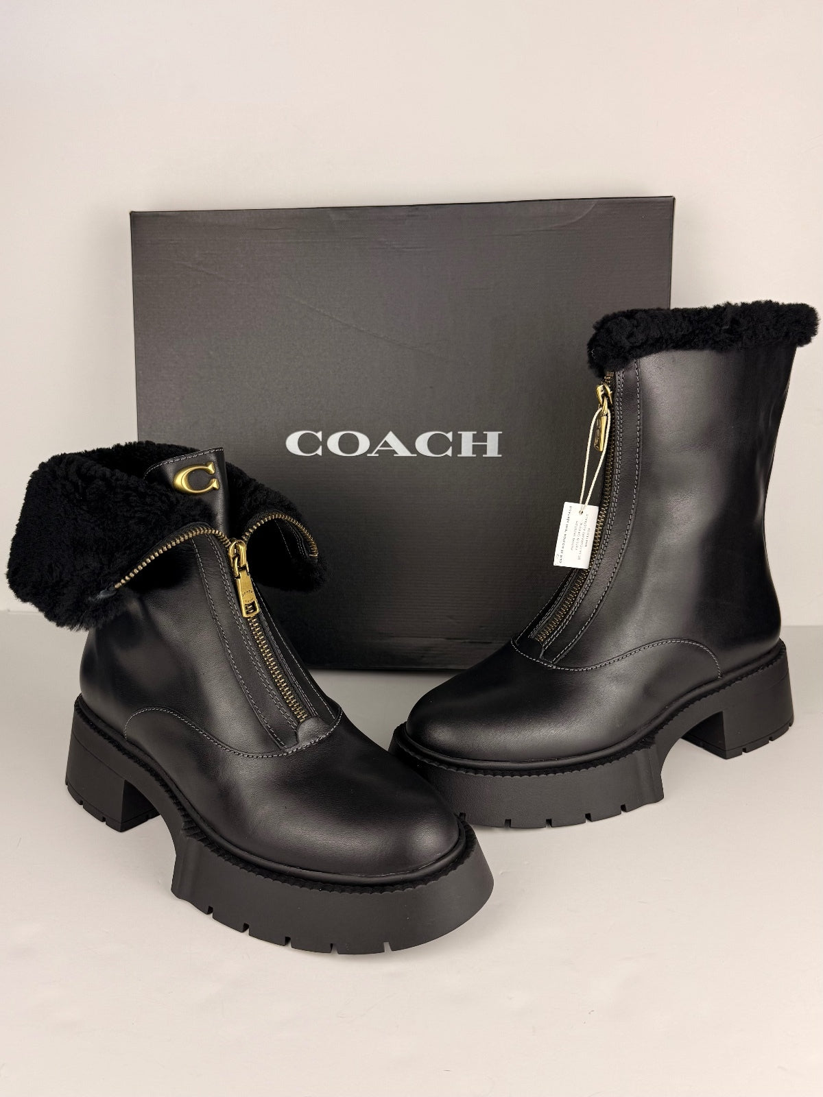 COACH Leah Genuine Shearling Trim Platform Zip Bootie Size 9 NEW WITH BOX