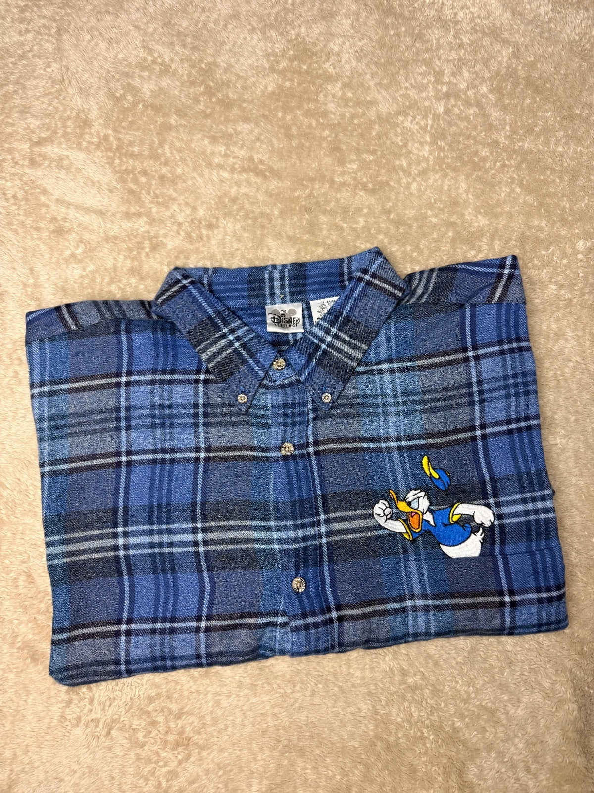 Vintage Disney Donald Duck Blue Plaid Flannel Button Down Shirt XL 100% Cotton NWOT