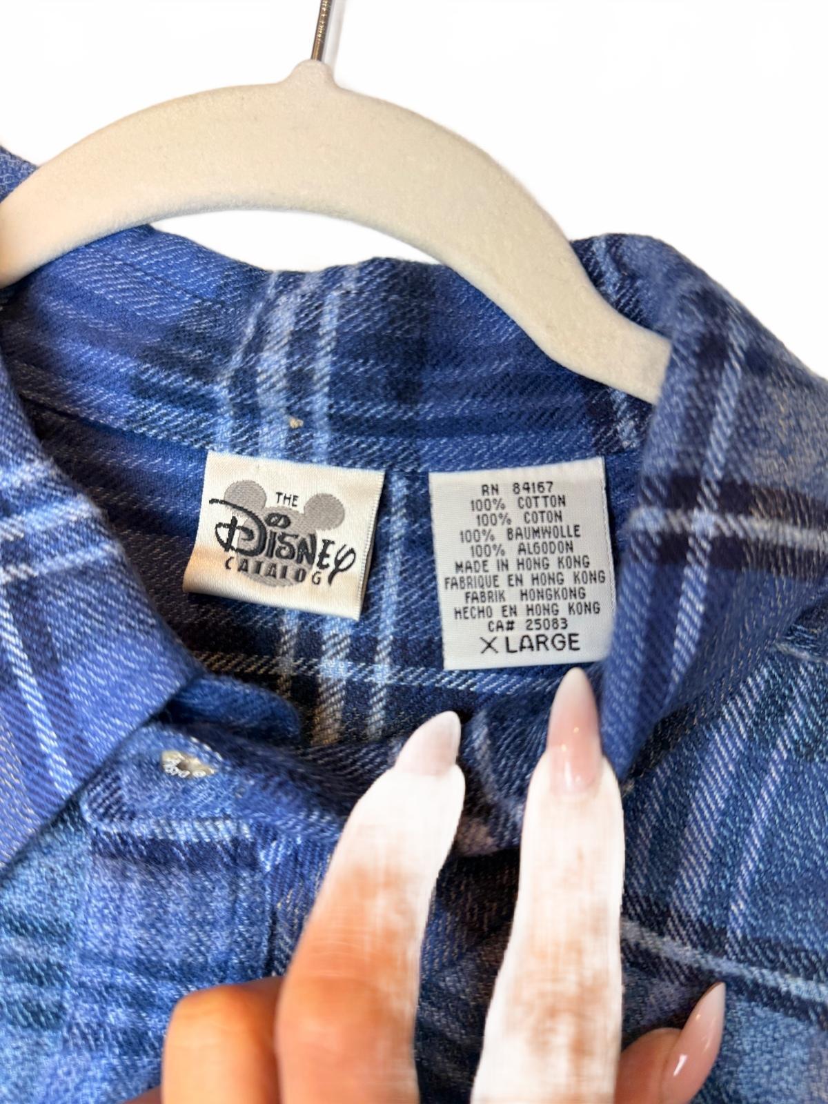 Vintage Disney Donald Duck Blue Plaid Flannel Button Down Shirt XL 100% Cotton NWOT