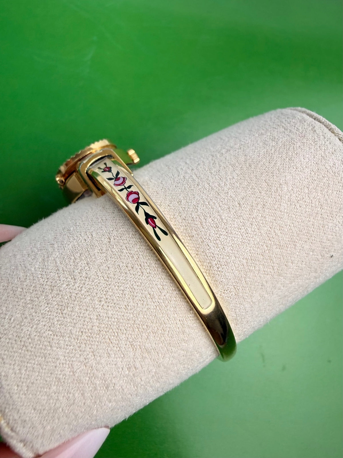 Vintage Swiss Made Peekaboo Hidden Watch Floral Enamel Gold Tone Bangle Bracelet PRE-OWNED