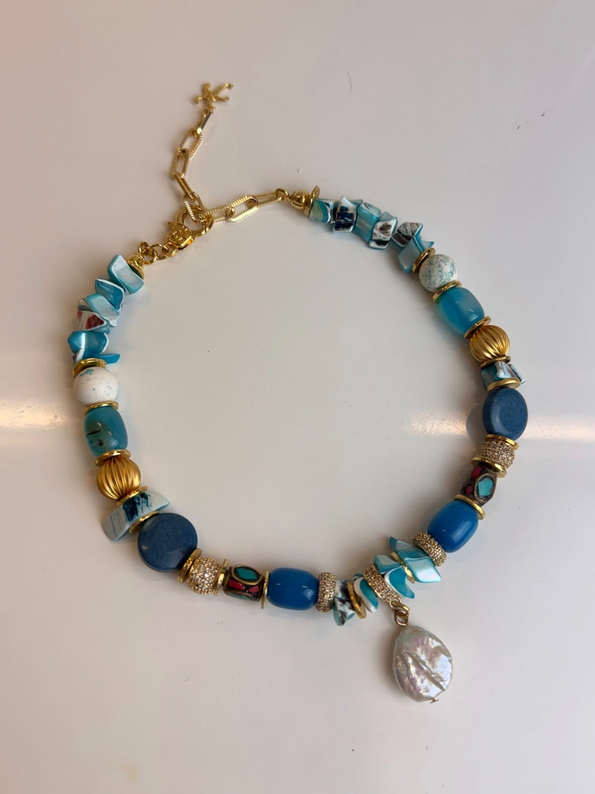 Handmade Natural Stone Statement Necklace with Pearl Drop Gold Tone Boho Luxe