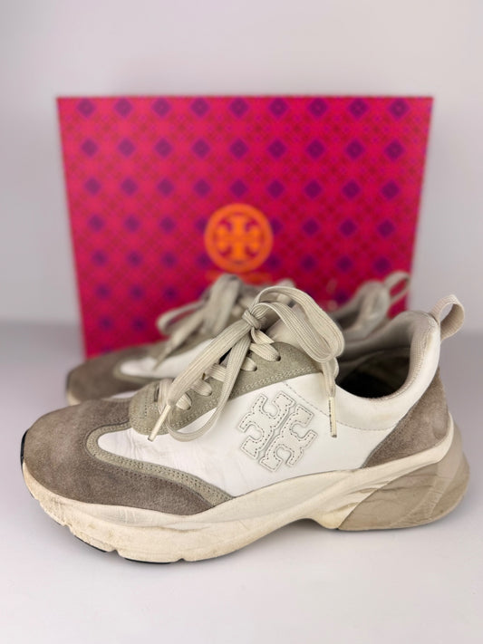 Tory Burch Good Luck Trainer Sneakers Suede White Ivory Beige Size 8.5 PRE-OWNED