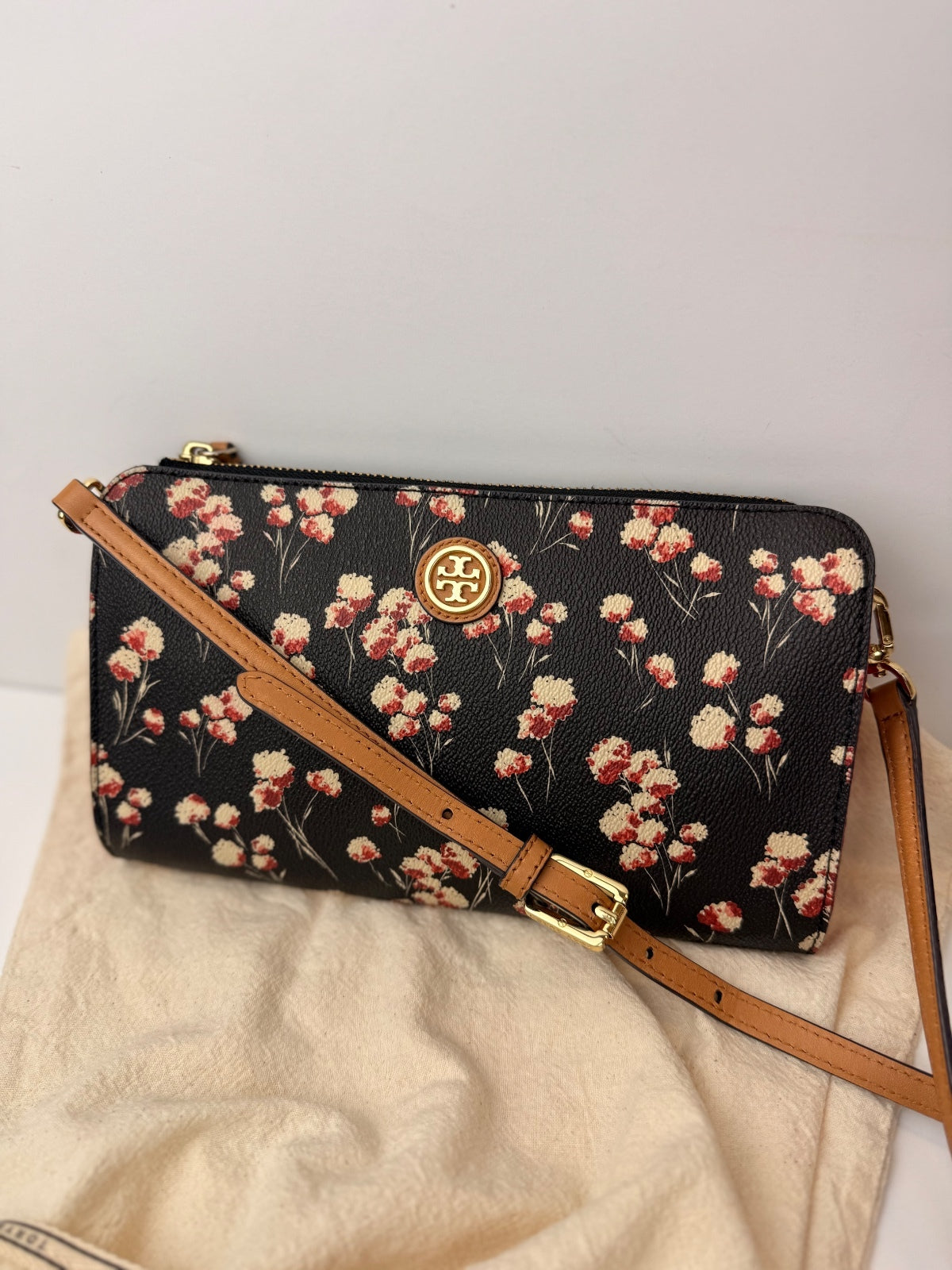 Tory Burch Kerrington Floral Crossbody Bag Black Red Gold Logo PRE-OWNED