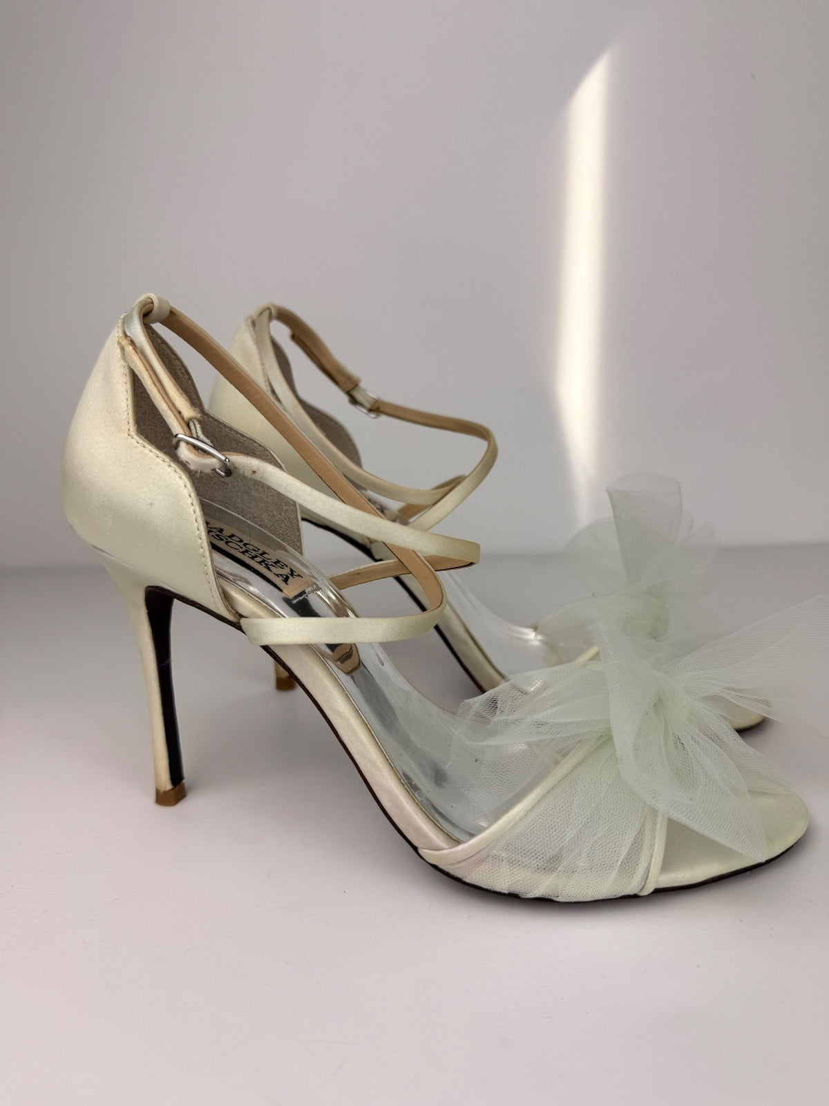 Badgley Mischka Tessica 7.5 Tulle Bow Heels Soft Blue Party Shoes, Size 7.5
