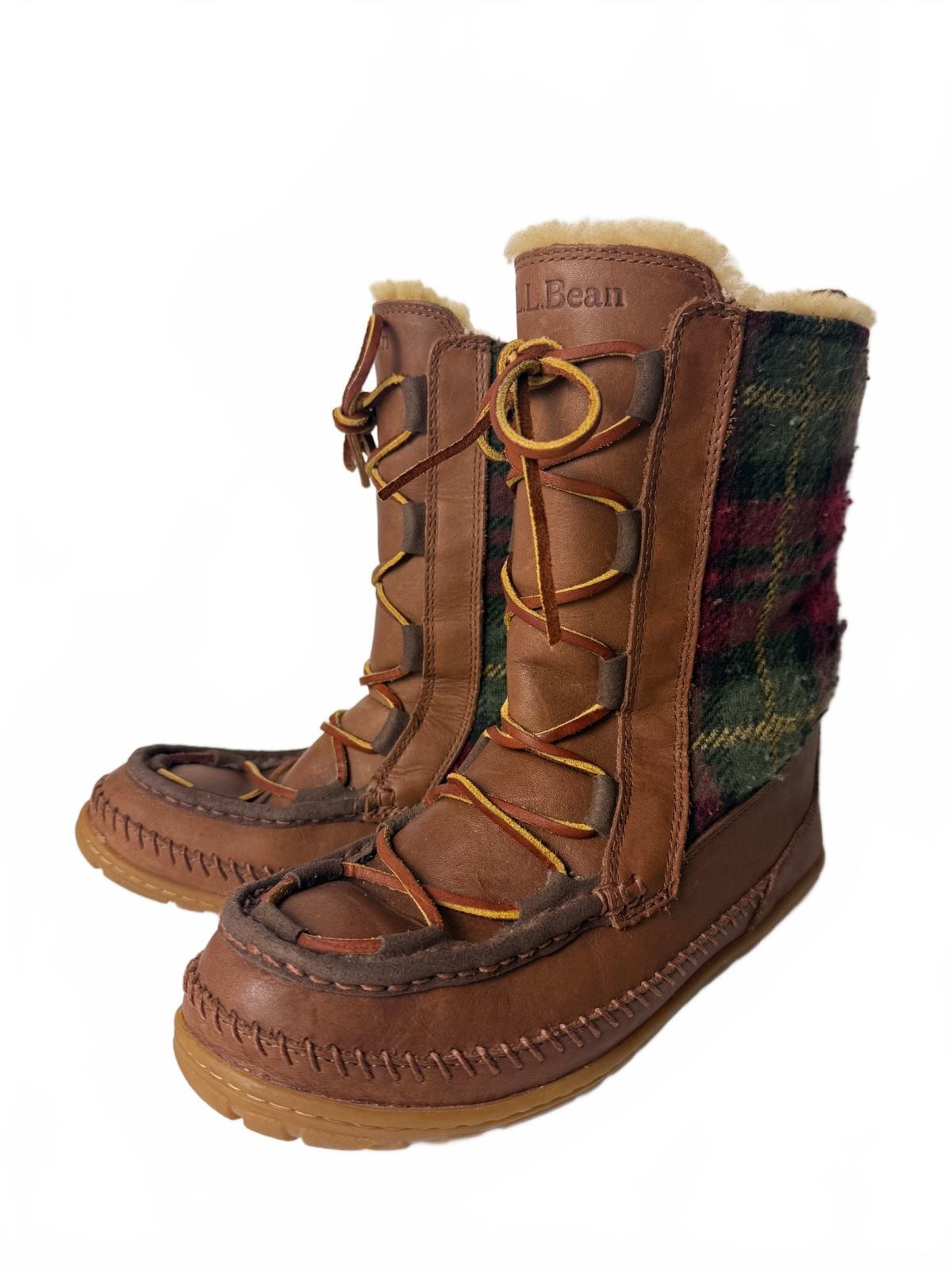 L.L.Bean Wicked Good Lodge Boots 10 M Brown Leather Wool Plaid Shearling Tall