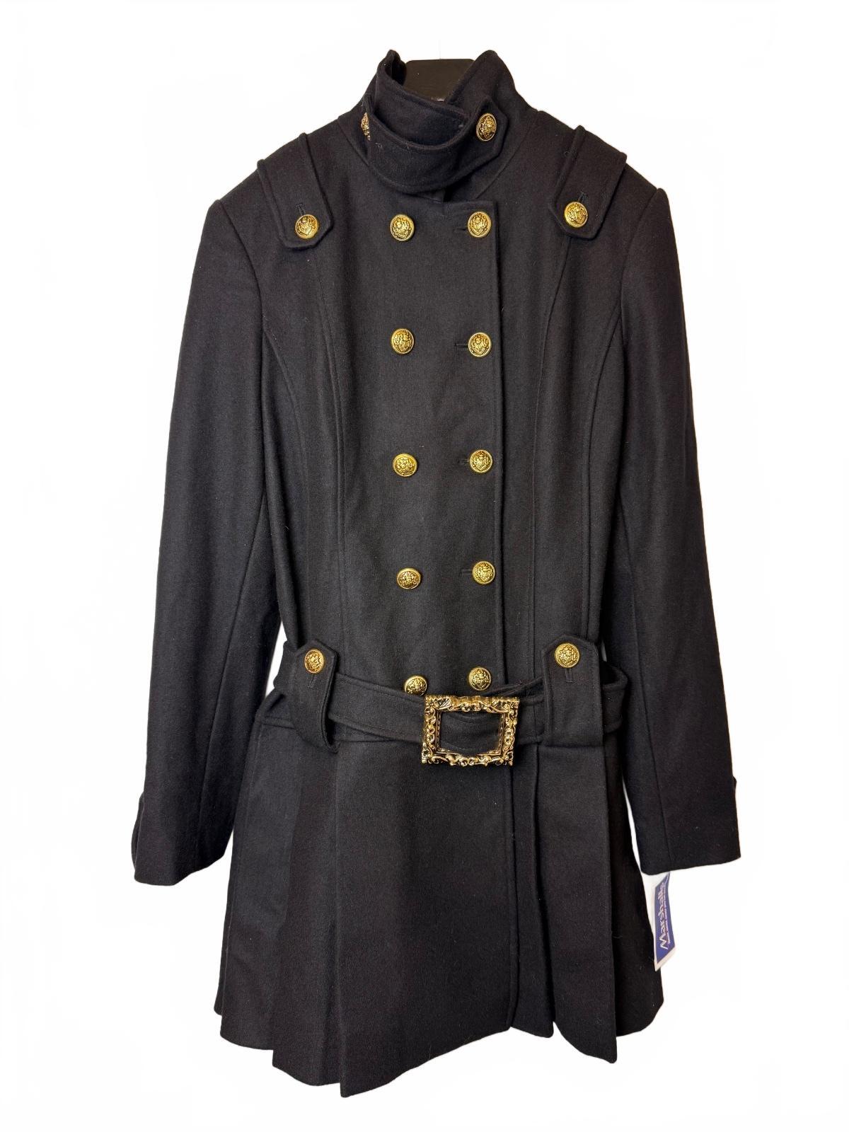 GUESS Y2K Black Wool Blend Military Double Breasted Belted Coat Gold Buttons L
