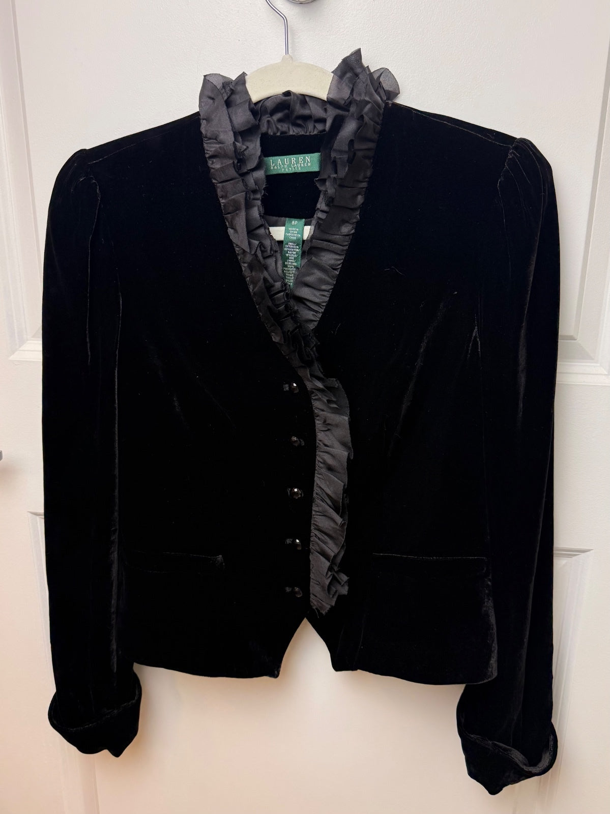 Lauren Ralph Lauren Black Velvet Silk Ruffle Riding Jacket Blazer Size 8P PRE-OWNED