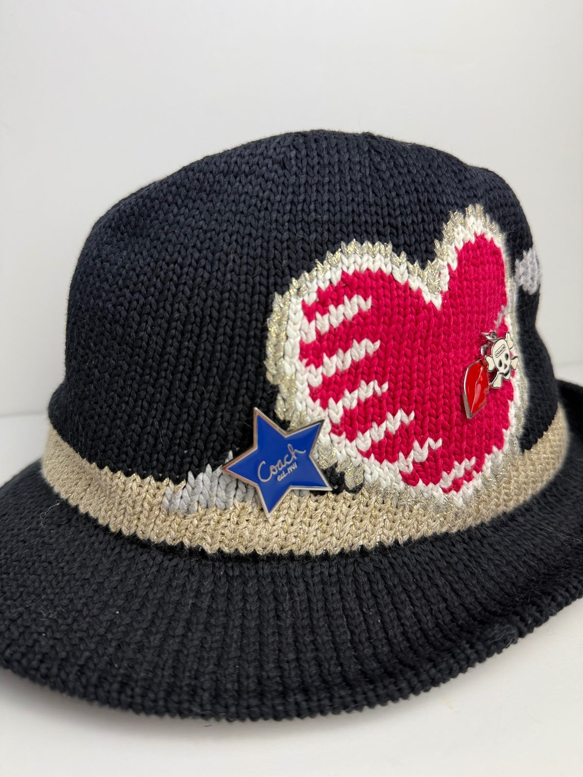 Coach RARE Poppy Brooke Heart Fedora Hat P/S Black Knit Gold Spring 2010 PRE-OWNED