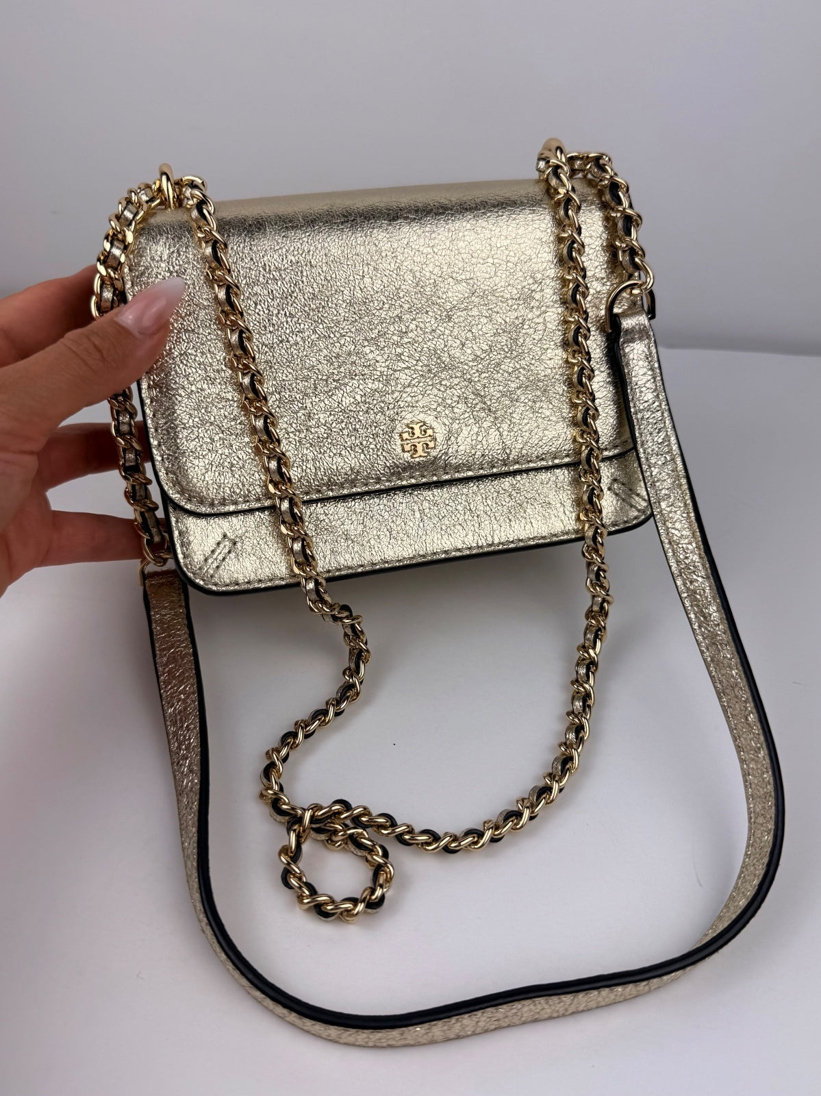 Tory Burch NWT Crinkle Metallic Mini Shoulder Bag Spark Gold 35629 Storage Marks