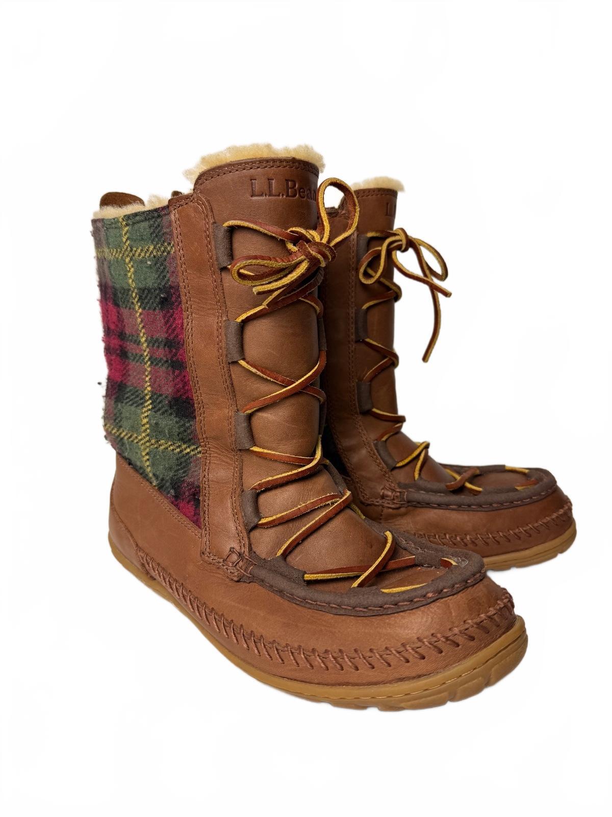 L.L.Bean Wicked Good Lodge Boots 10 M Brown Leather Wool Plaid Shearling Tall