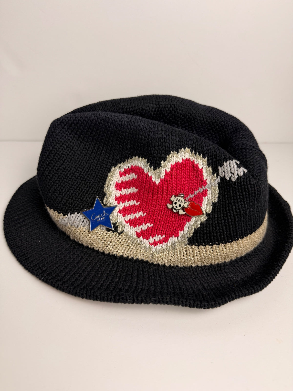 Coach RARE Poppy Brooke Heart Fedora Hat P/S Black Knit Gold Spring 2010 PRE-OWNED