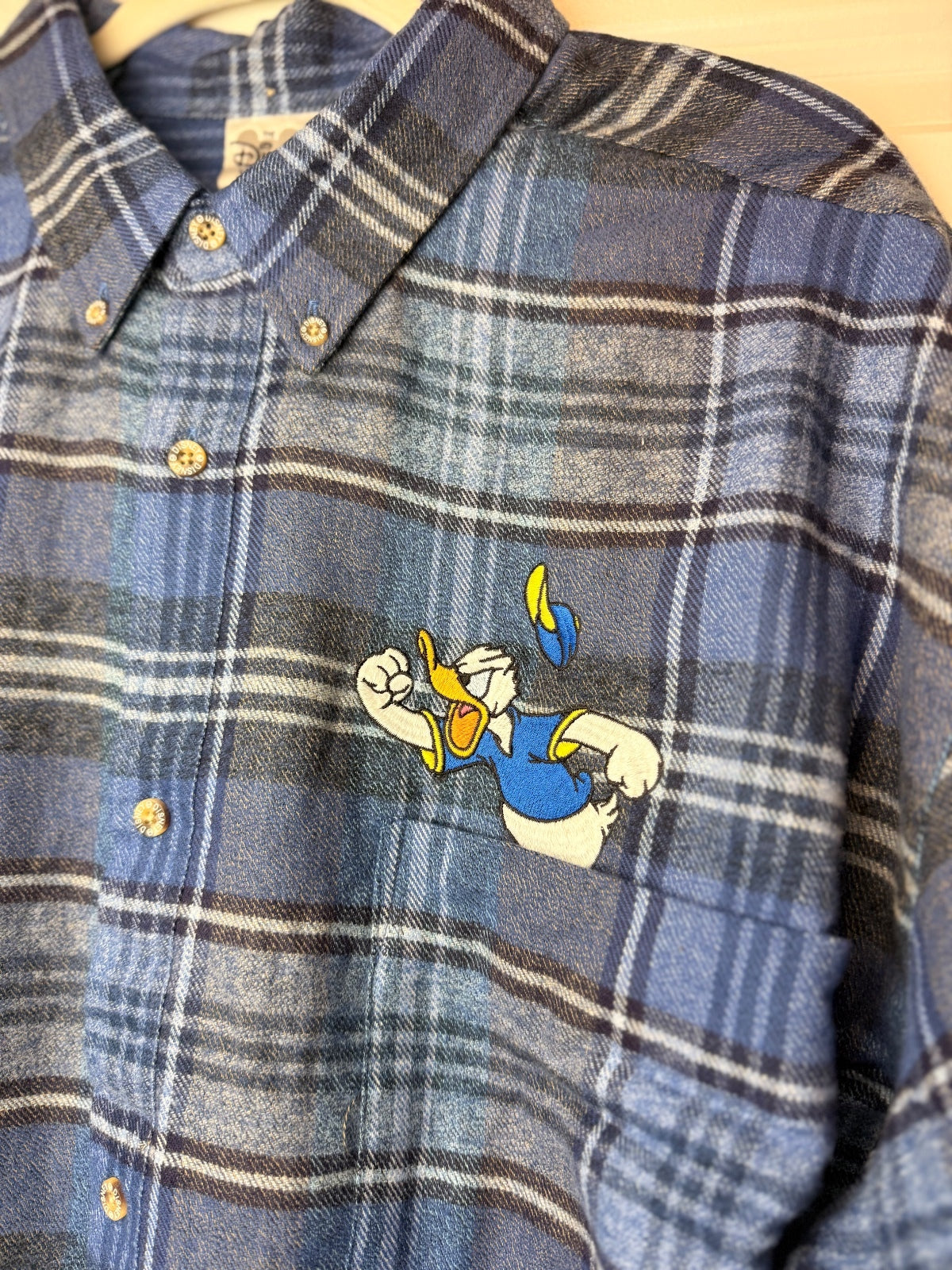 Vintage Disney Donald Duck Blue Plaid Flannel Button Down Shirt XL 100% Cotton NWOT