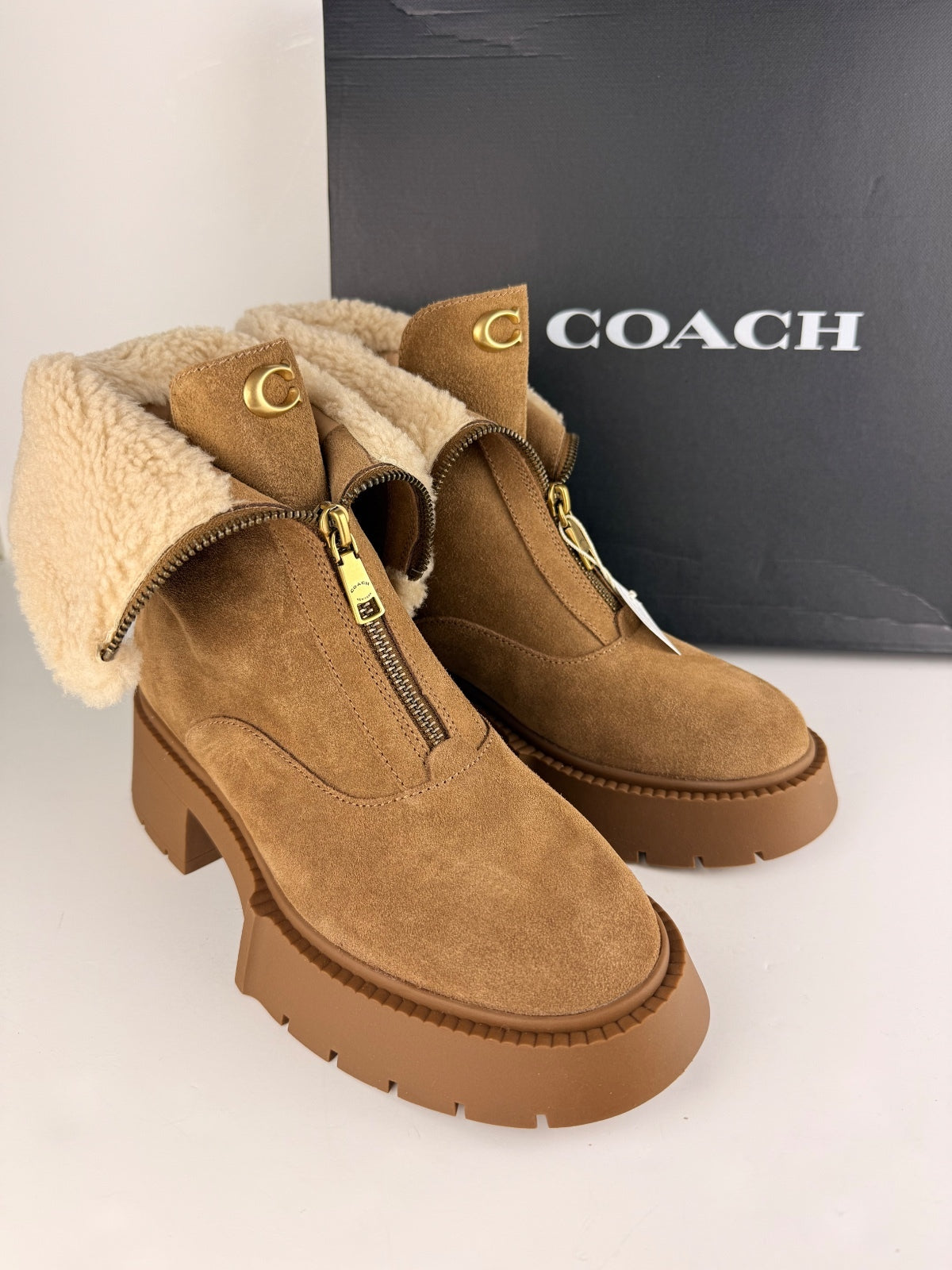 Coach Leah Platform Suede And Shearling Booties - Coconut/Natural Size 8.5