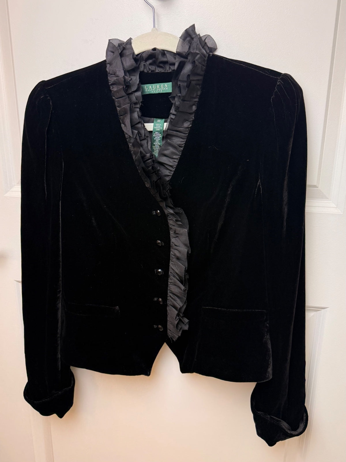 Lauren Ralph Lauren Black Velvet Silk Ruffle Riding Jacket Blazer Size 8P PRE-OWNED