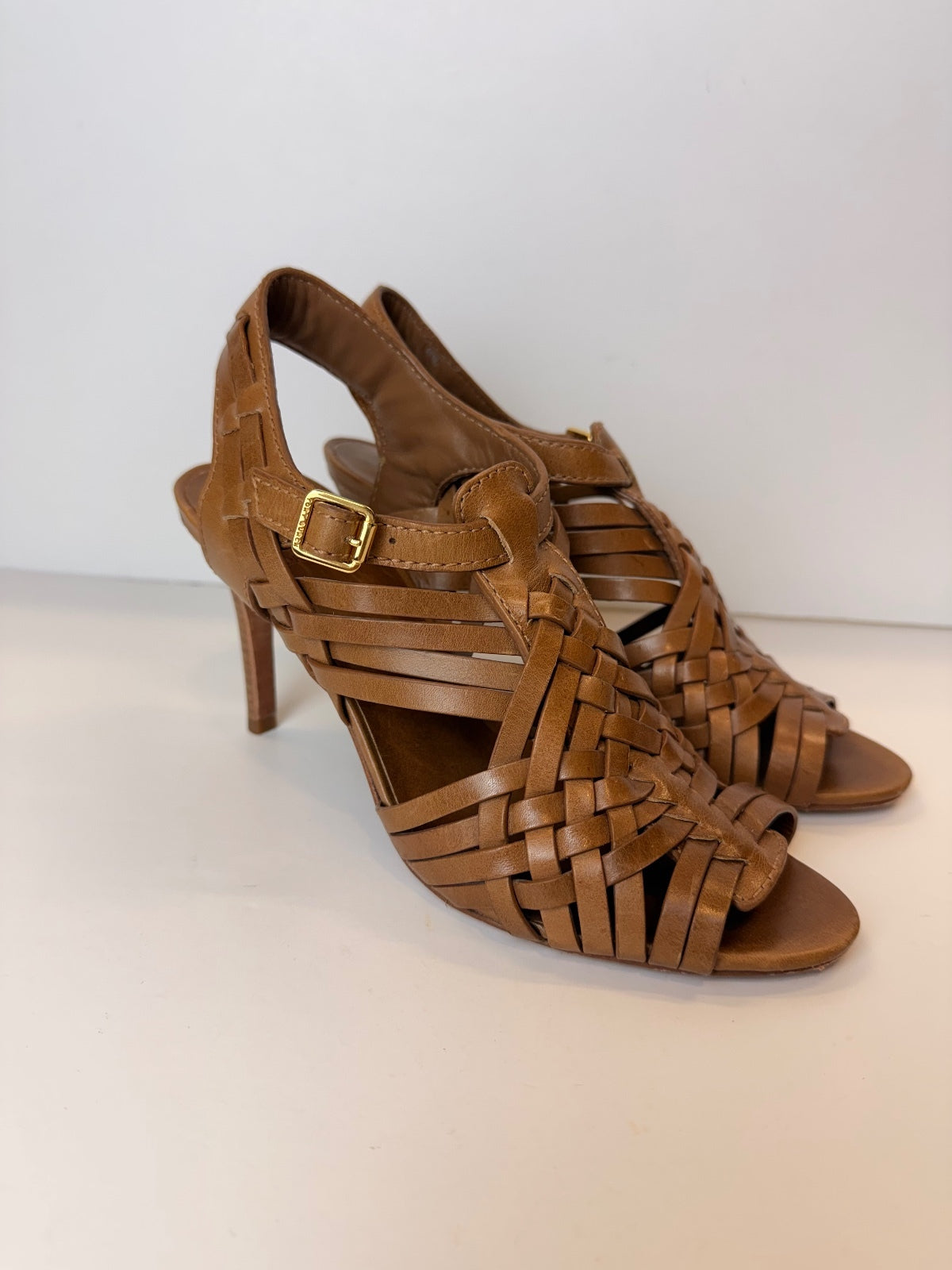 Tory Burch Nadia Tan Leather Woven Huarache Slingback Heels Sandals Size 7.5 PRE-OWNED