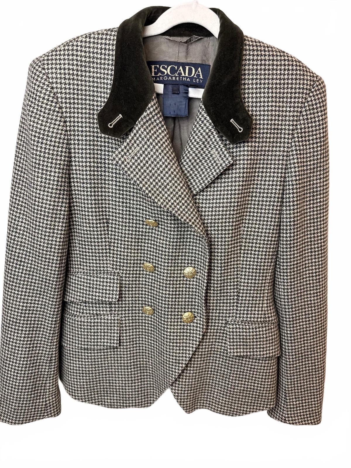Vintage ESCADA Margaretha Ley Houndstooth Wool Cashmere Blazer Gold Buttons FLAW EU 36
