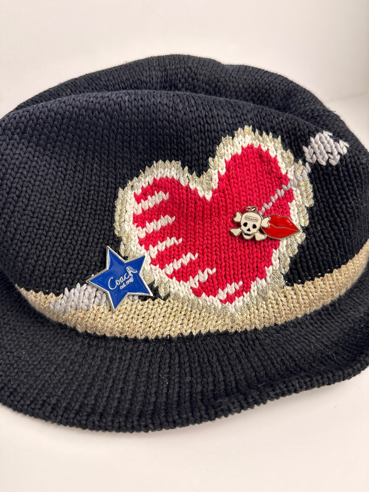 Coach RARE Poppy Brooke Heart Fedora Hat P/S Black Knit Gold Spring 2010 PRE-OWNED