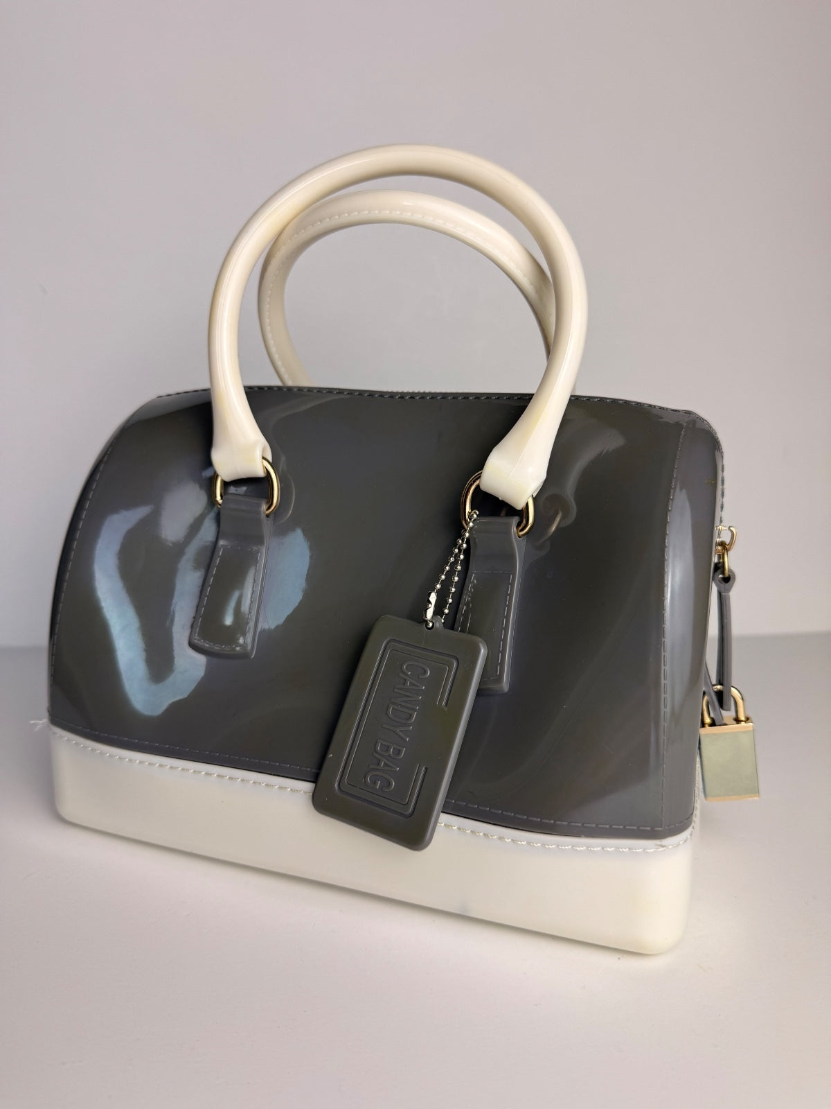 Jelly Candy Bag Gray Ivory Boston Satchel Top Handle Purse Lock Charm Handbag PRE-OWNED