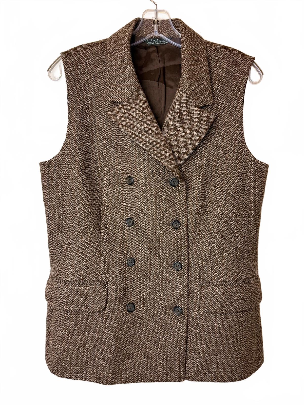 Vintage Laura Ashley 100% Wool Herringbone Double Breasted Vest (10) Made in UK PRE-OWNED (LIKE NEW)