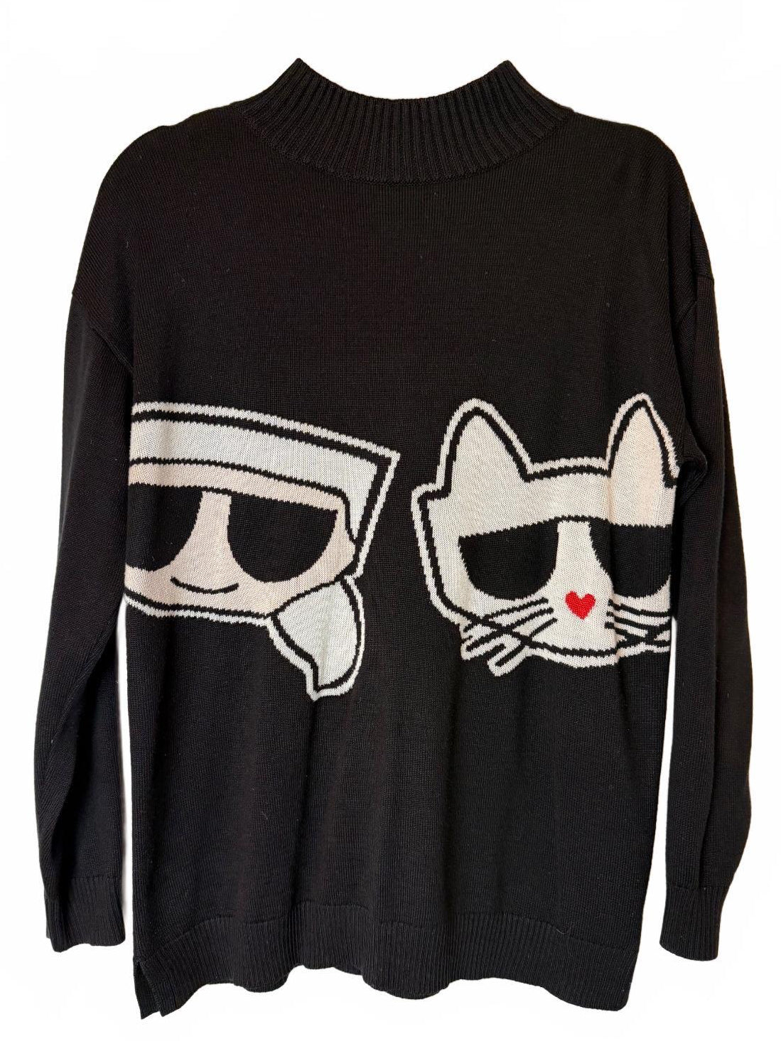 Karl Lagerfeld Paris Choupette Cat Graphic Mock Neck Sweater Black Size S PRE-OWNED