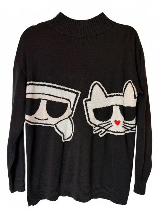 Karl Lagerfeld Paris Choupette Cat Graphic Mock Neck Sweater Black Size S PRE-OWNED
