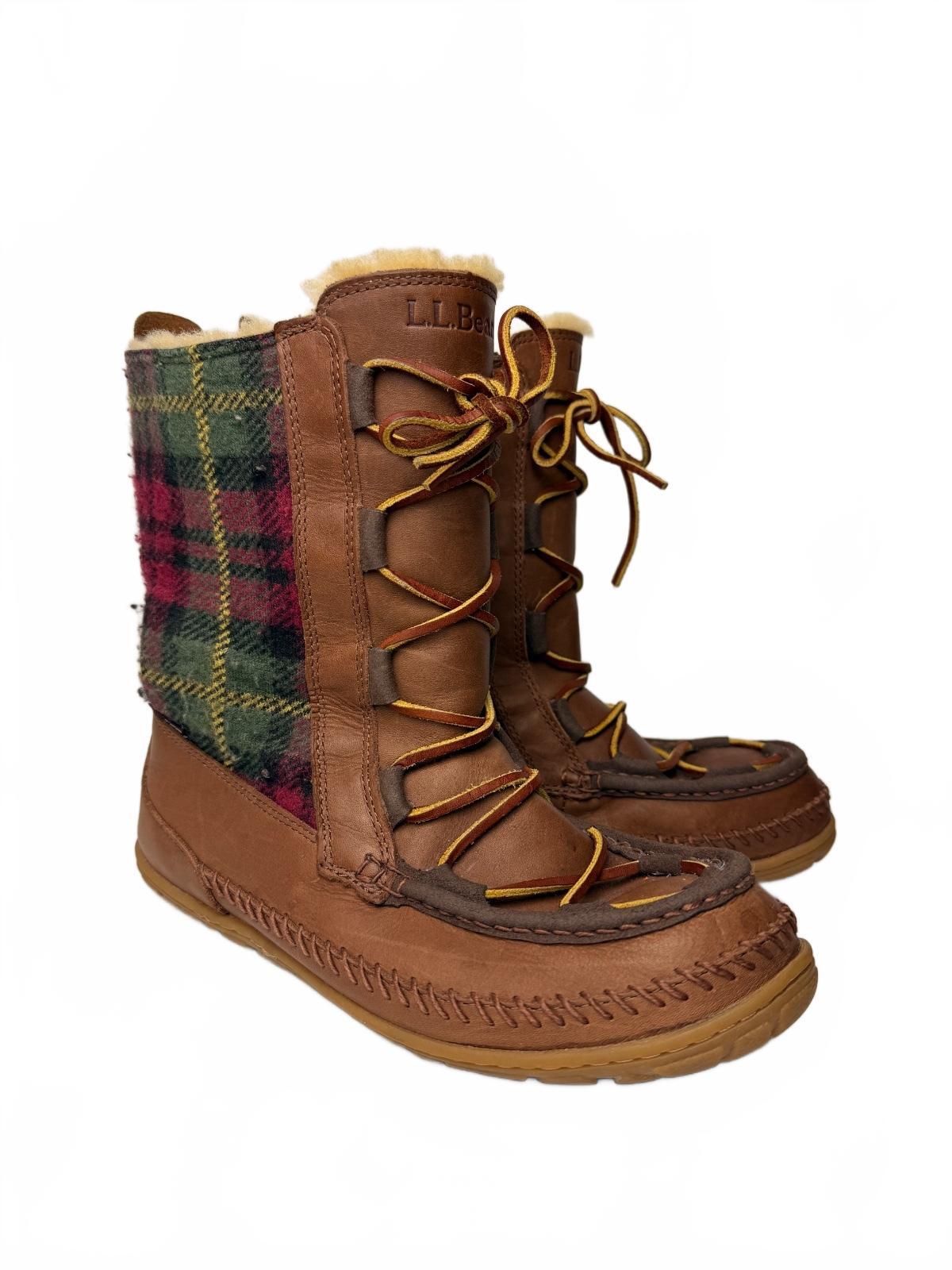 L.L.Bean Wicked Good Lodge Boots 10 M Brown Leather Wool Plaid Shearling Tall