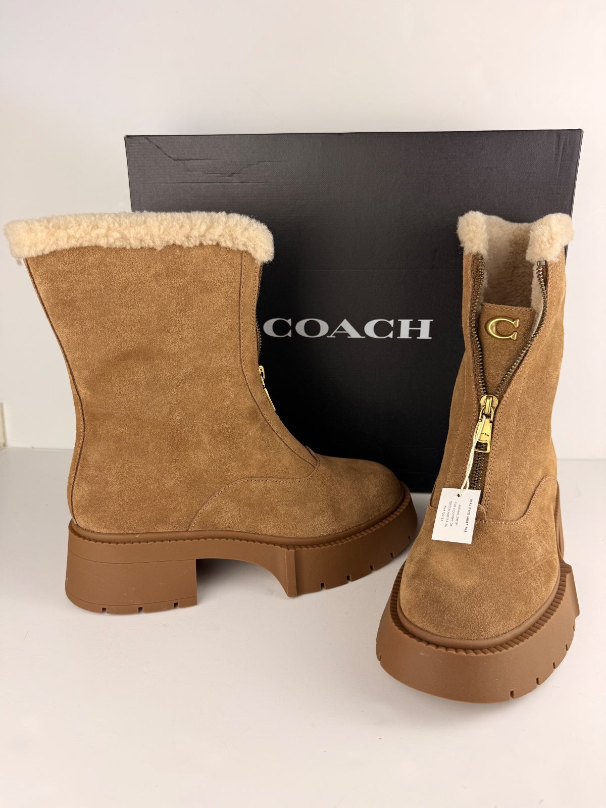 Coach Leah Platform Suede And Shearling Booties - Coconut/Natural Size 8.5