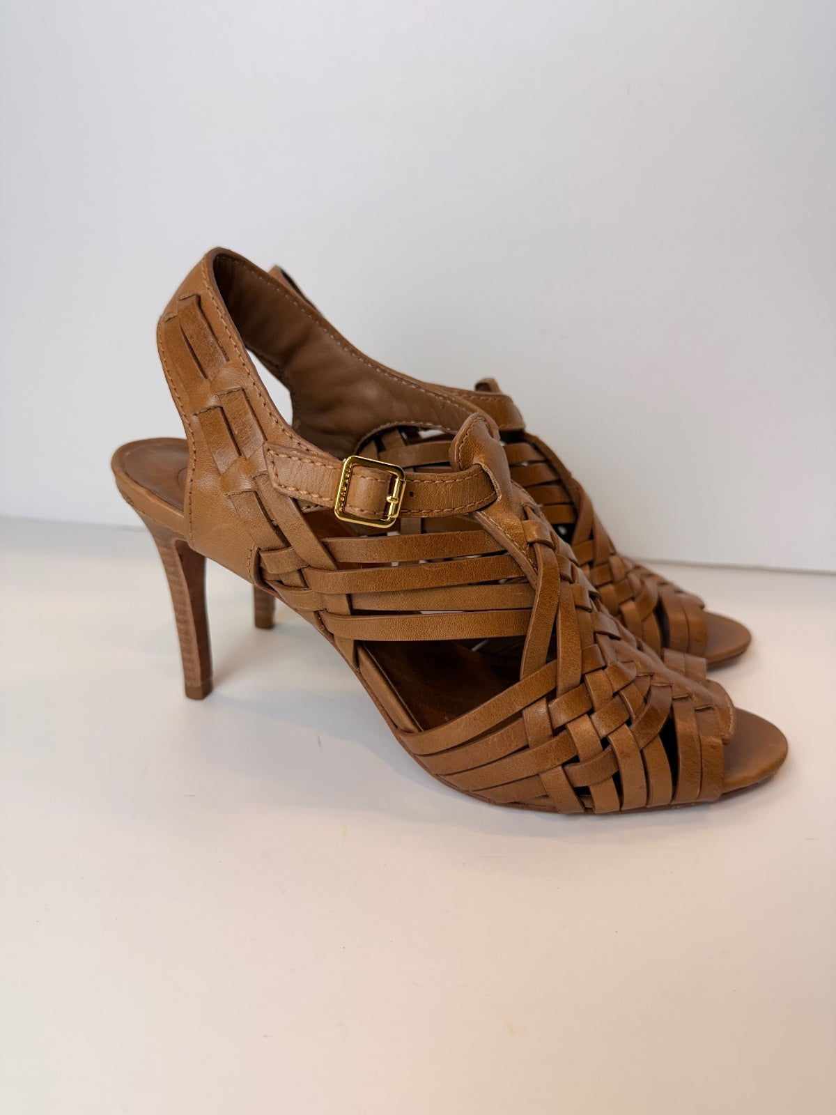 Tory Burch Nadia Tan Leather Woven Huarache Slingback Heels Sandals Size 7.5 PRE-OWNED