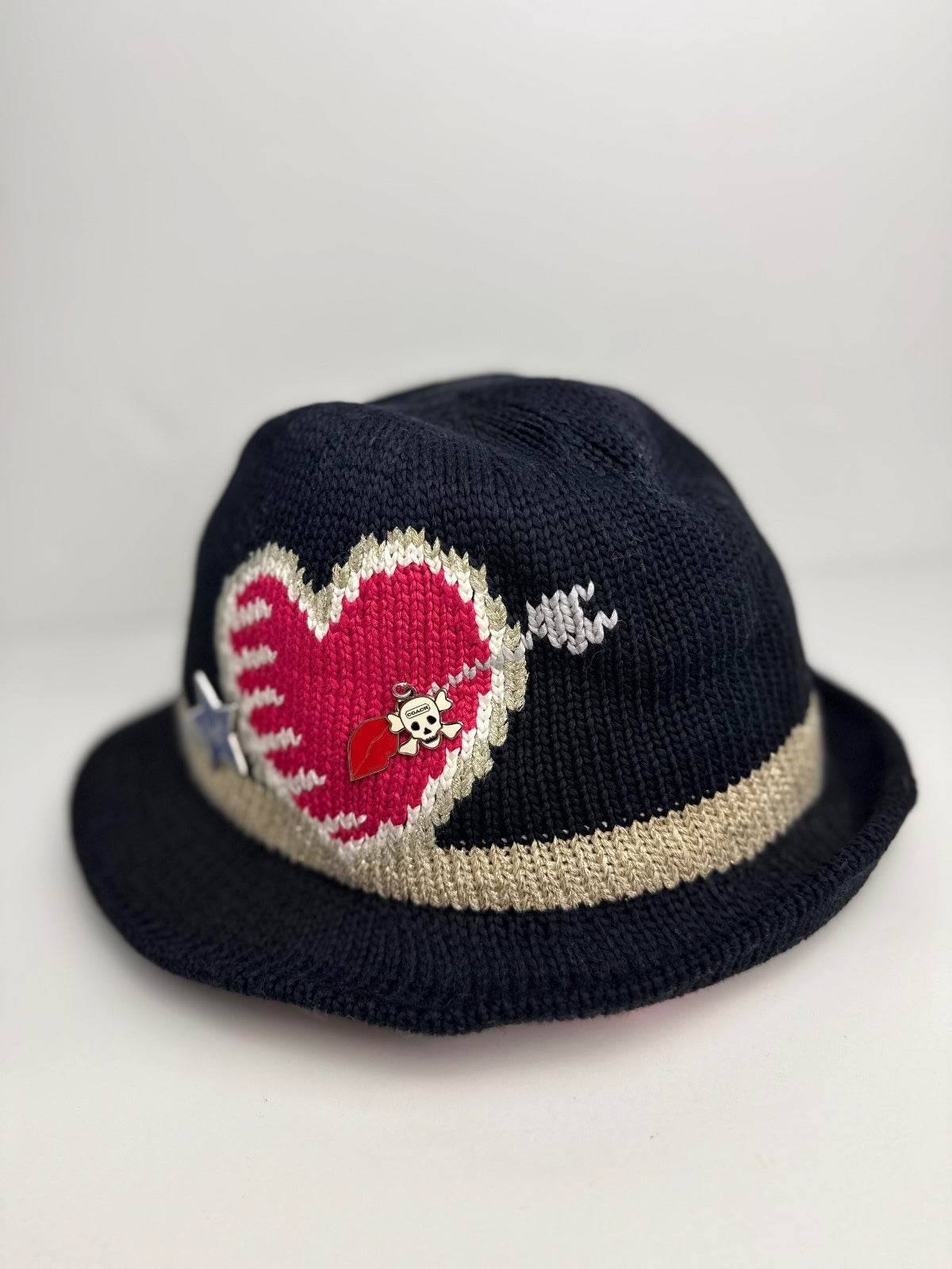 Coach RARE Poppy Brooke Heart Fedora Hat P/S Black Knit Gold Spring 2010 PRE-OWNED