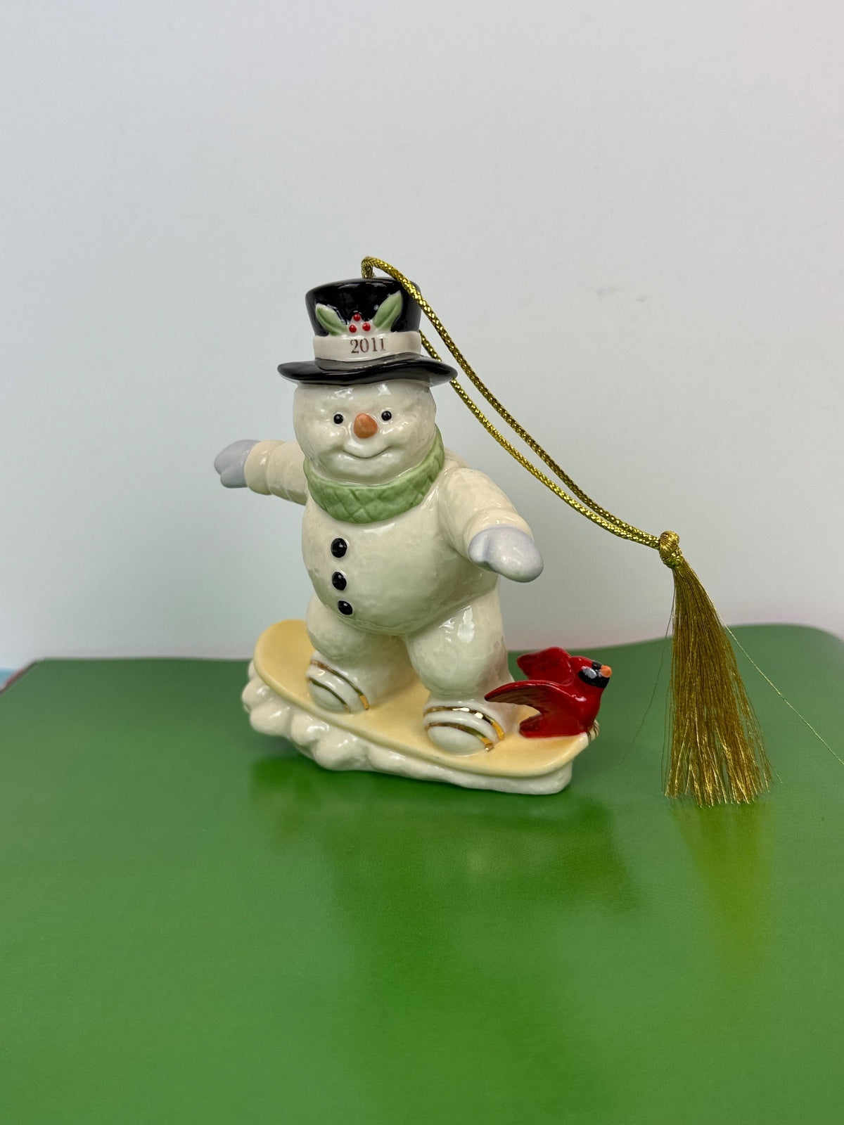 Lenox 2011 Annual Snowman Snowboarding Porcelain Christmas Ornament Cardinal PRE-OWNED