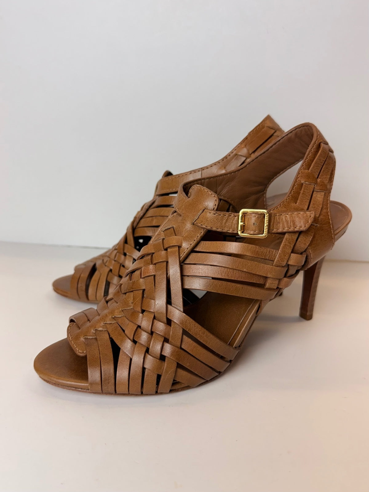 Tory Burch Nadia Tan Leather Woven Huarache Slingback Heels Sandals Size 7.5 PRE-OWNED