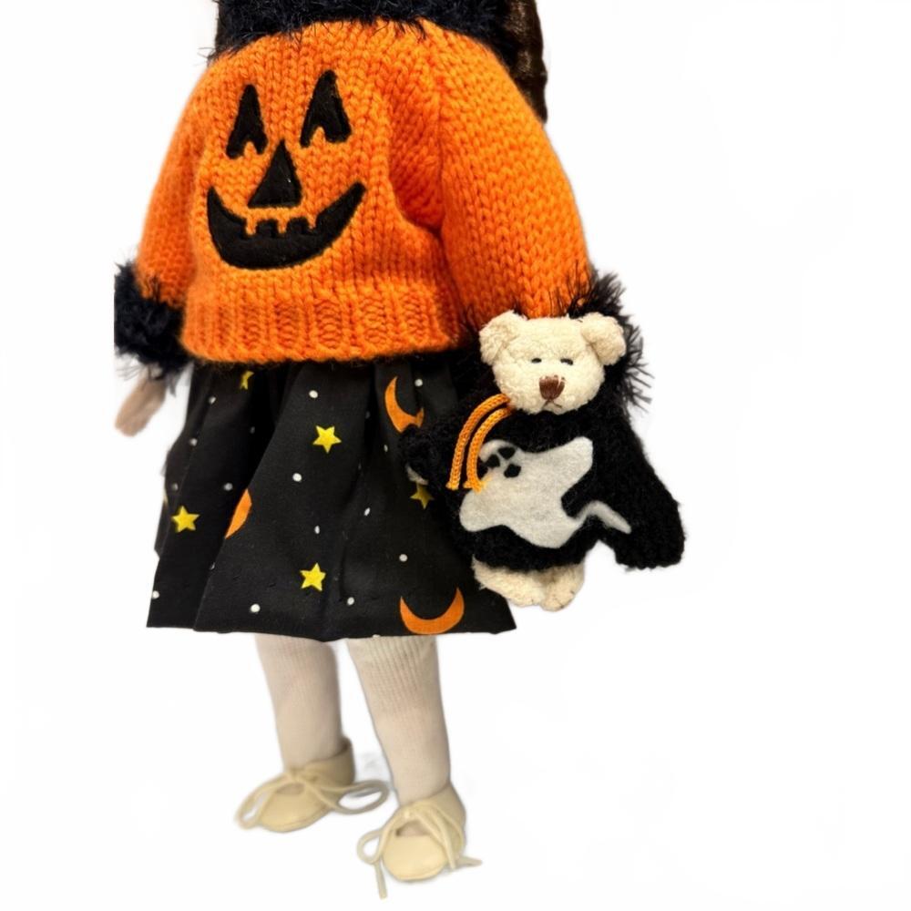 Rare Vintage Handmade Porcelain Halloween Doll Pumpkin Sweater, Bear & Stand