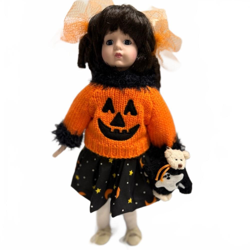 Rare Vintage Handmade Porcelain Halloween Doll Pumpkin Sweater, Bear & Stand