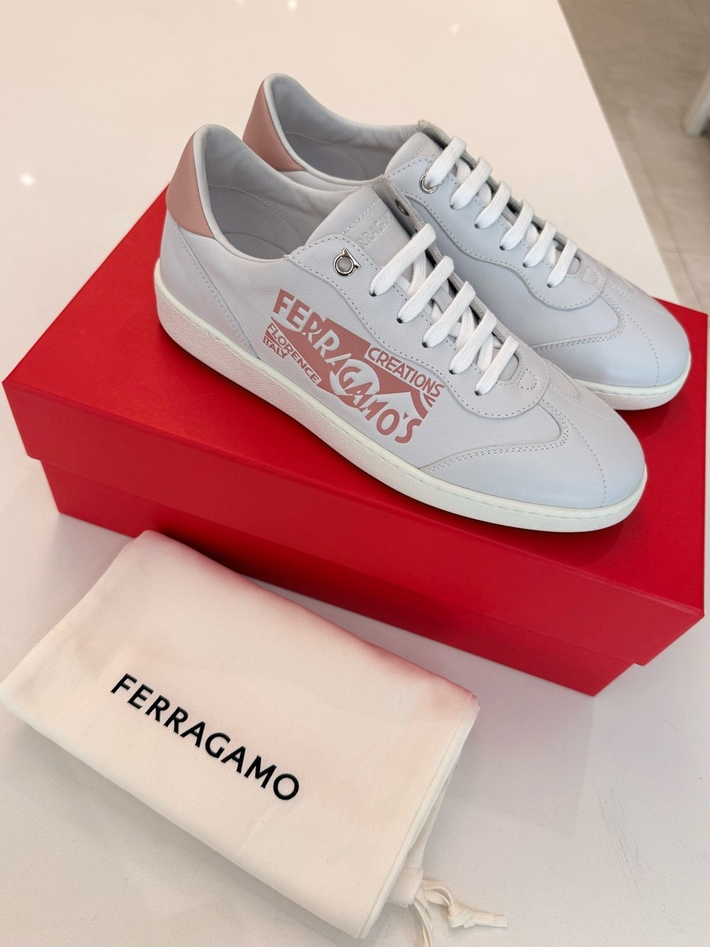Salvatore Ferragamo Achille Venn Women’s Sneakers Ice Grey Rose Calf Size 8.5 M | NEW WITH BOX