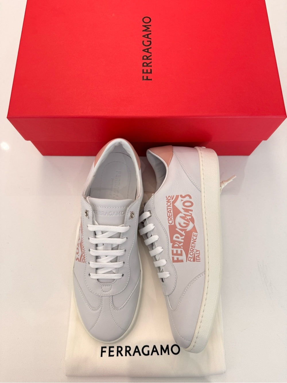 Salvatore Ferragamo Achille Venn Women’s Sneakers Ice Grey Rose Calf Size 8.5 M | NEW WITH BOX