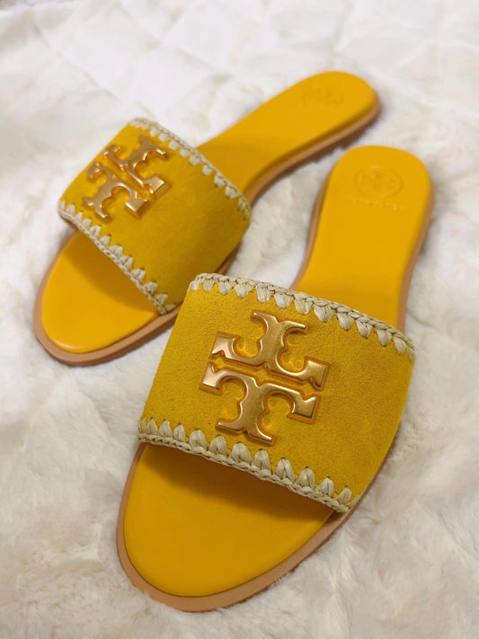 Tory Burch Everly Slide Sandals, Nat Suede/Raffia, Golden Crest /Natural, Size 7