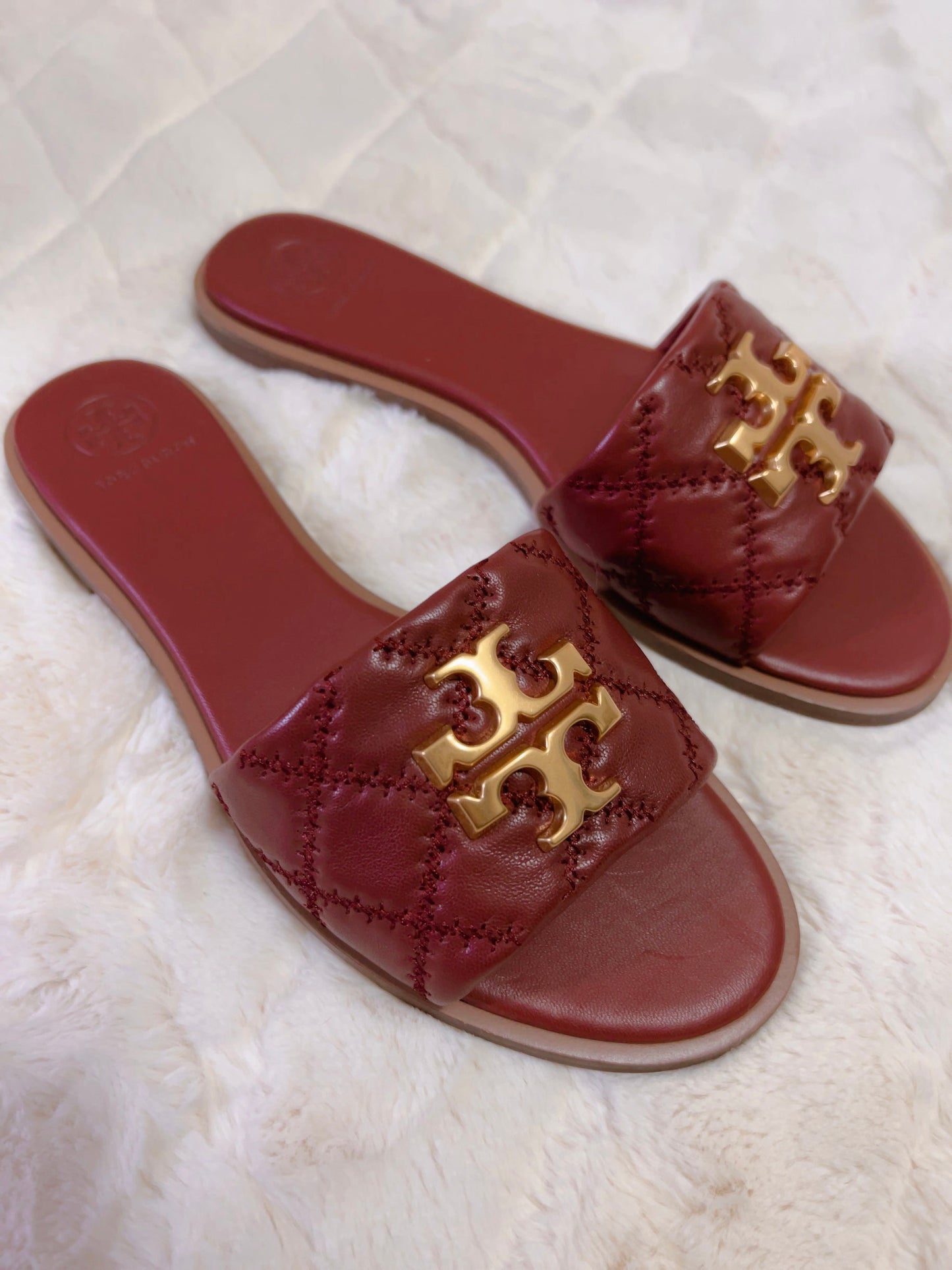 Tory Burch Everly Slide Sandals, Quilted Nappa Leather, Roma Red, Size 7.5