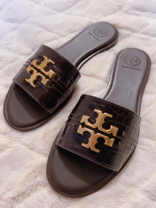 Tory Burch Everly Slide Sandals Embossed Dark Mahogany, Size 6