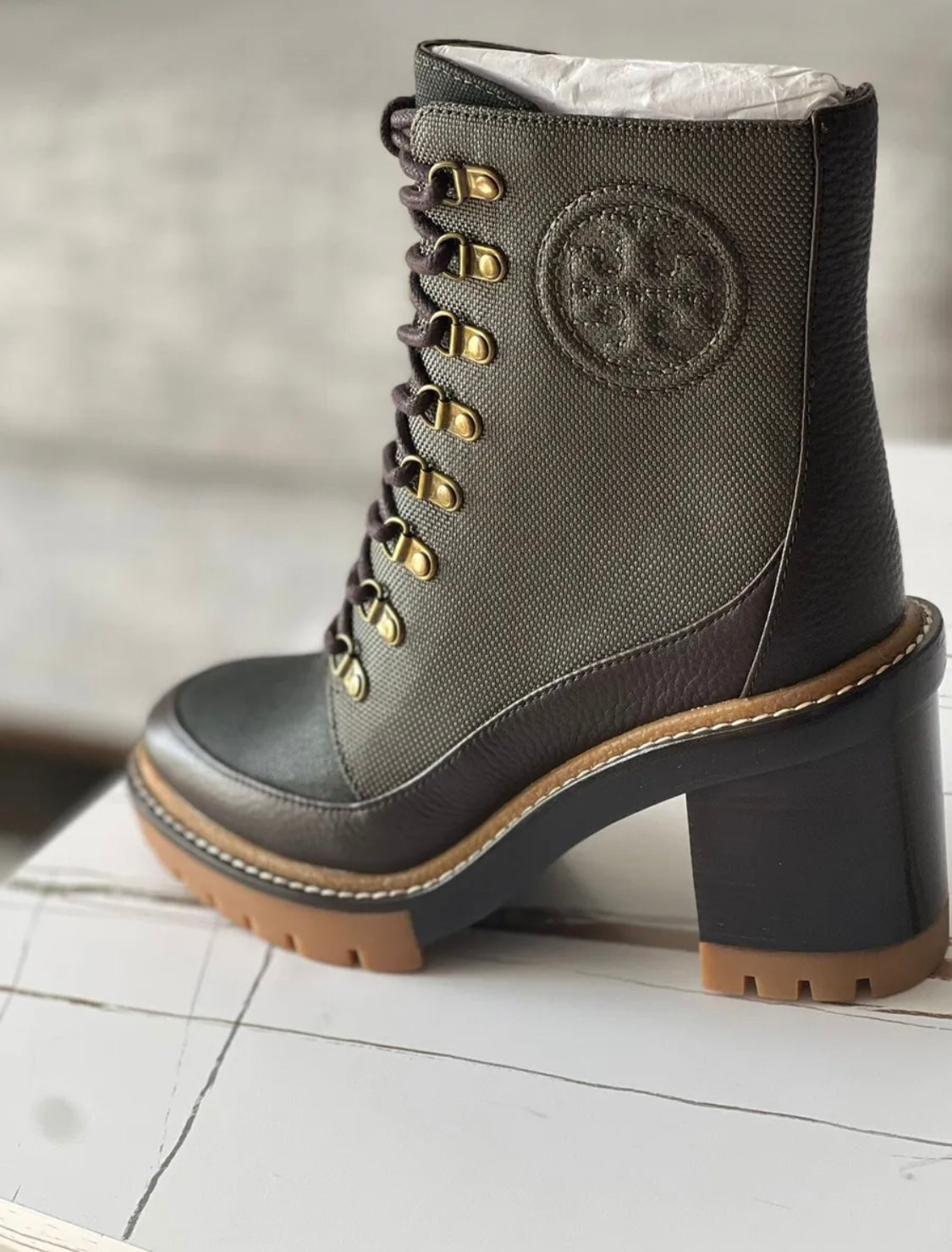 Tory Burch MILLER LUG-SOLE ANKLE BOOT, Olive / Militare / Brown, Size 9