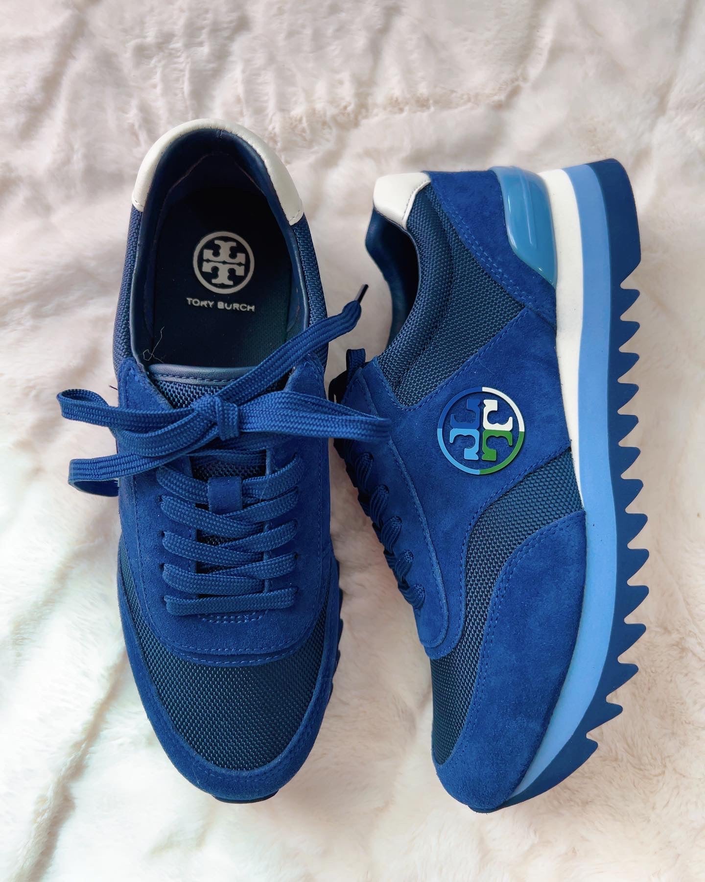 Tory Burch Sawtooth Logo Sneakers, Blue Suede, 6.5 & 7