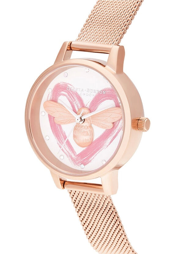 Olivia Burton 0B16FB01 You Have My Heart  Mesh Strap Heart And Bee Watch, 30mm