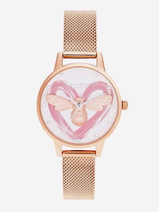 Olivia Burton 0B16FB01 You Have My Heart  Mesh Strap Heart And Bee Watch, 30mm