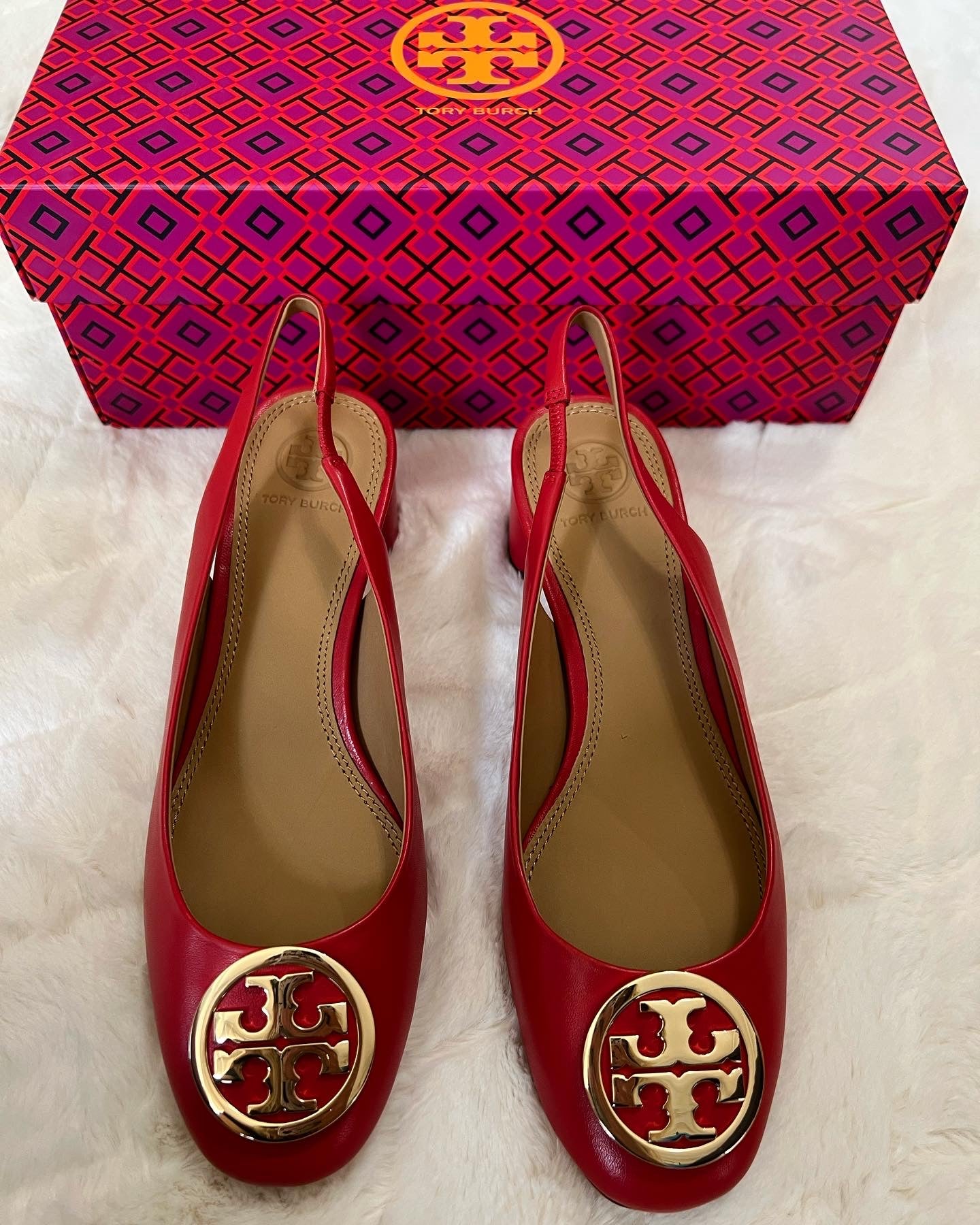 Tory Burch Benton Leather Slingback Pumps, Brilliant Red, Size 6.5M