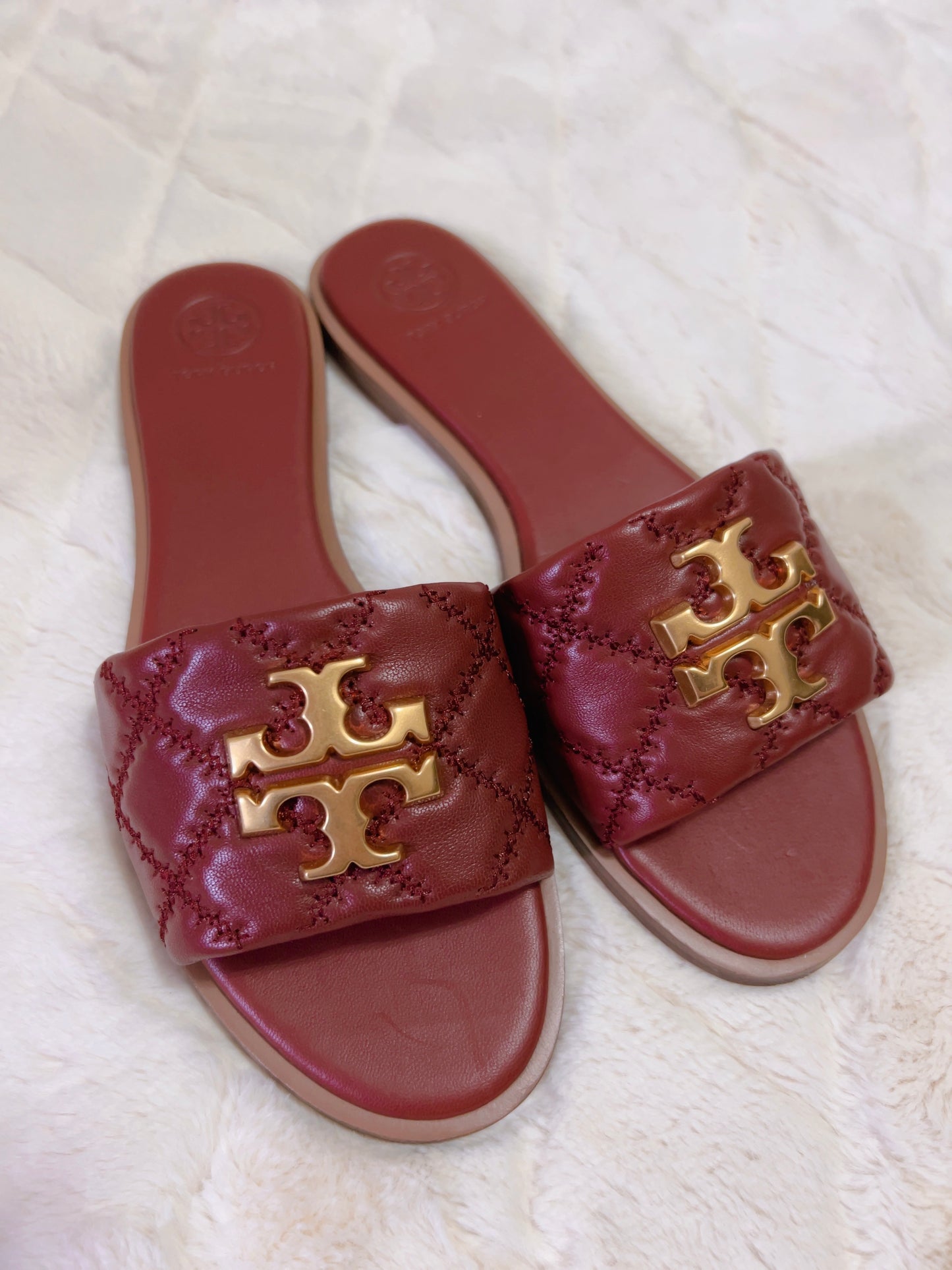 Tory Burch Everly Slide Sandals, Quilted Nappa Leather, Roma Red, Size 7.5