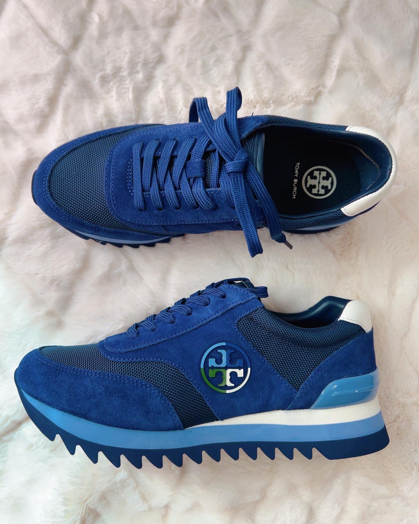 Tory Burch Sawtooth Logo Sneakers, Blue Suede, 6.5 & 7