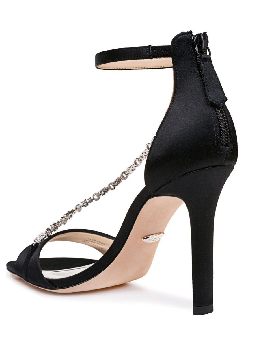 Badgley Mischka Erika Ankle Strap Sandal, Black Satin, Size 7.5
